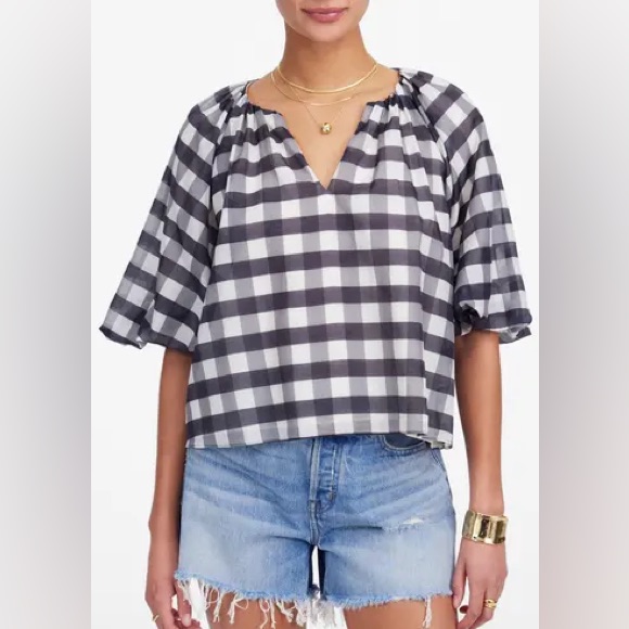 Madewell Black And White Gingham Bubble Sleeve Blouse
